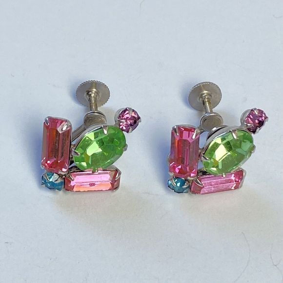 Vintage Signed Coro Pastel Green Pink Blue Purple Rhinestone Screwback Earrings - Picture 8 of 11